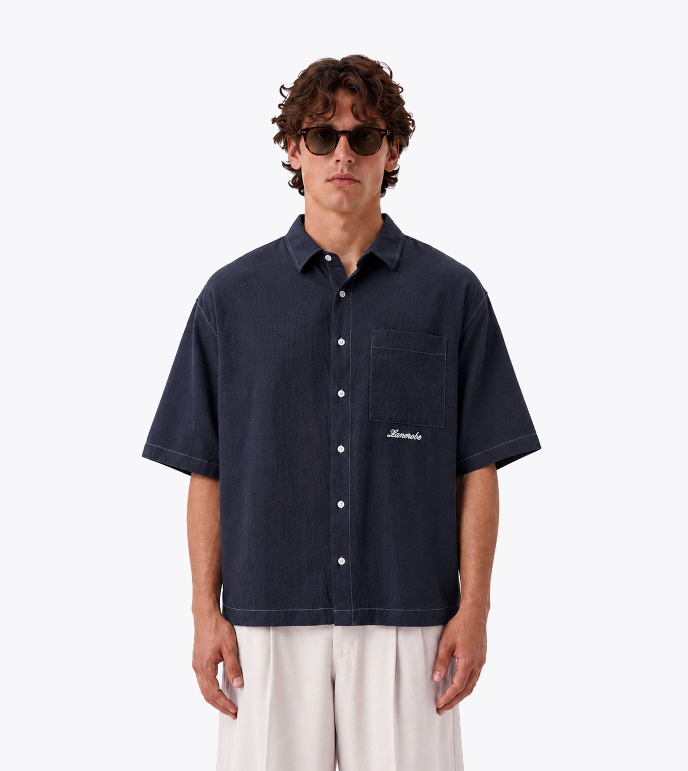 Seersucker Box Crop Shirt Navy - Coming Soon