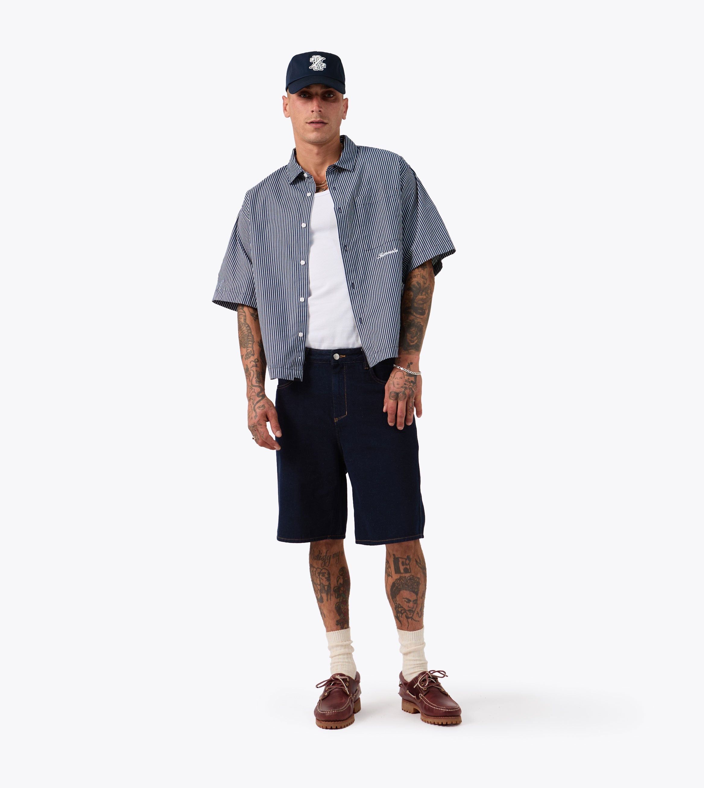 Box Crop Shirt Navy Stripe