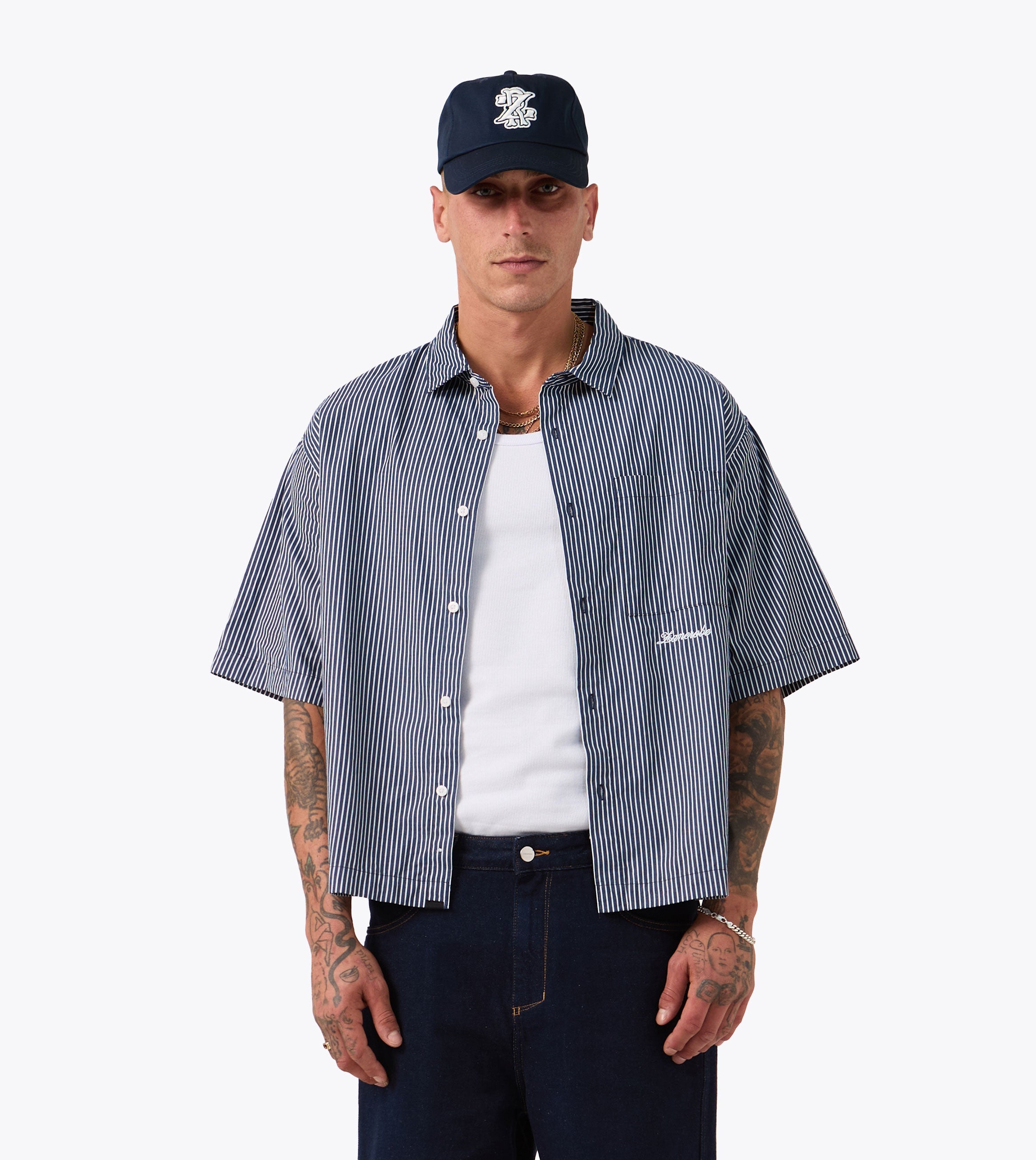 Box Crop Shirt Navy Stripe