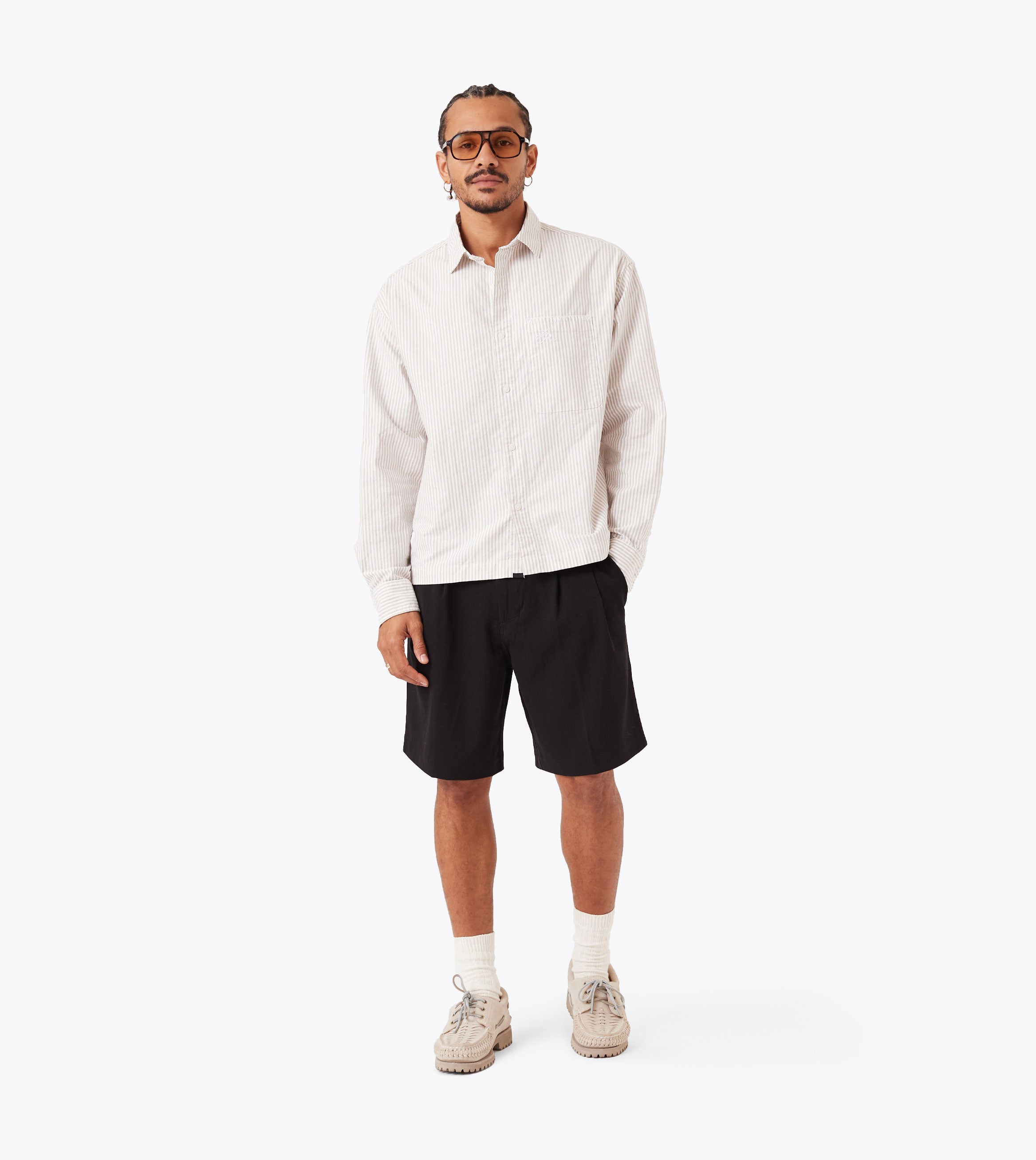 Box Crop LS Shirt Beige Stripe