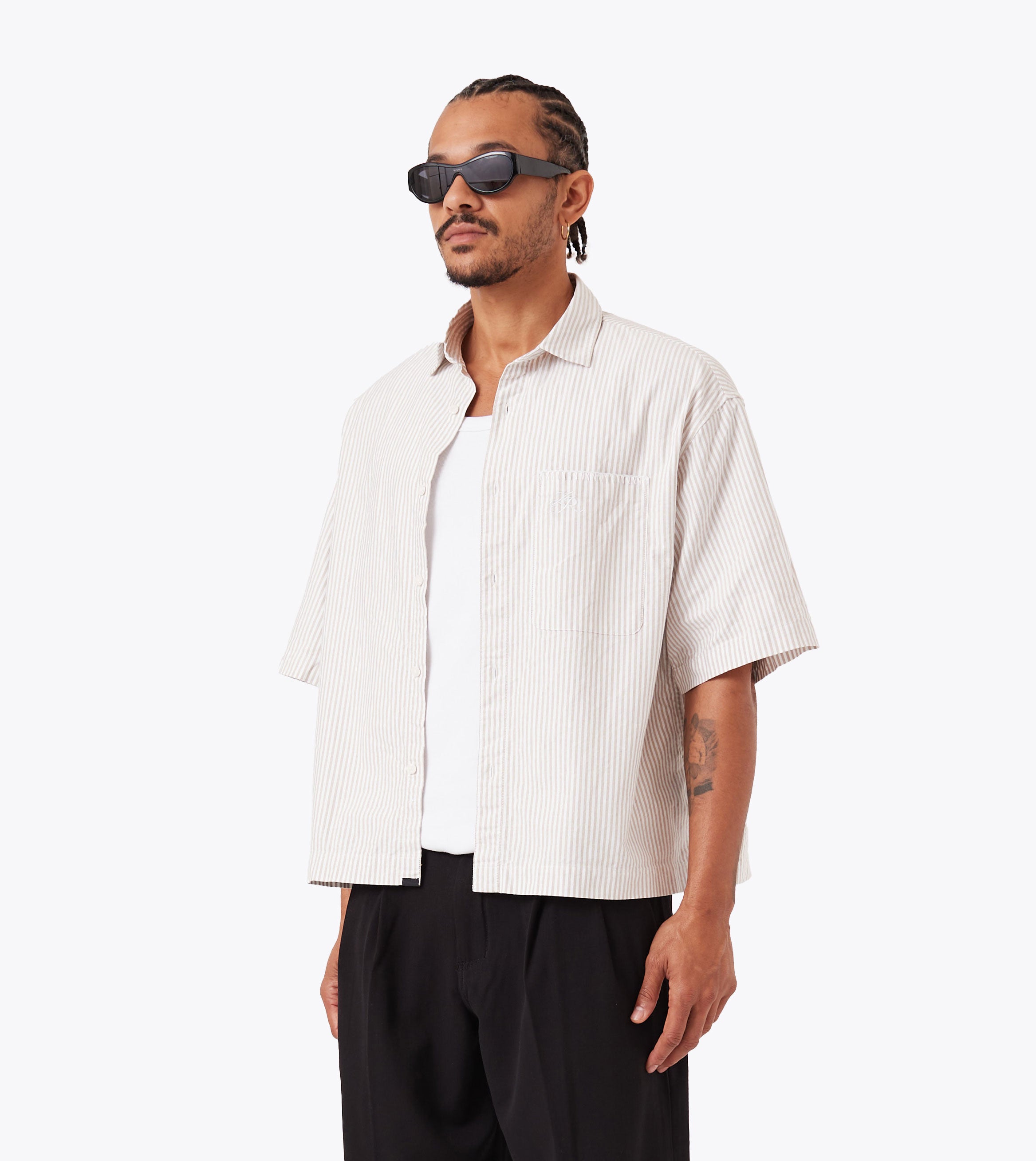 Box Crop Shirt Beige Stripe