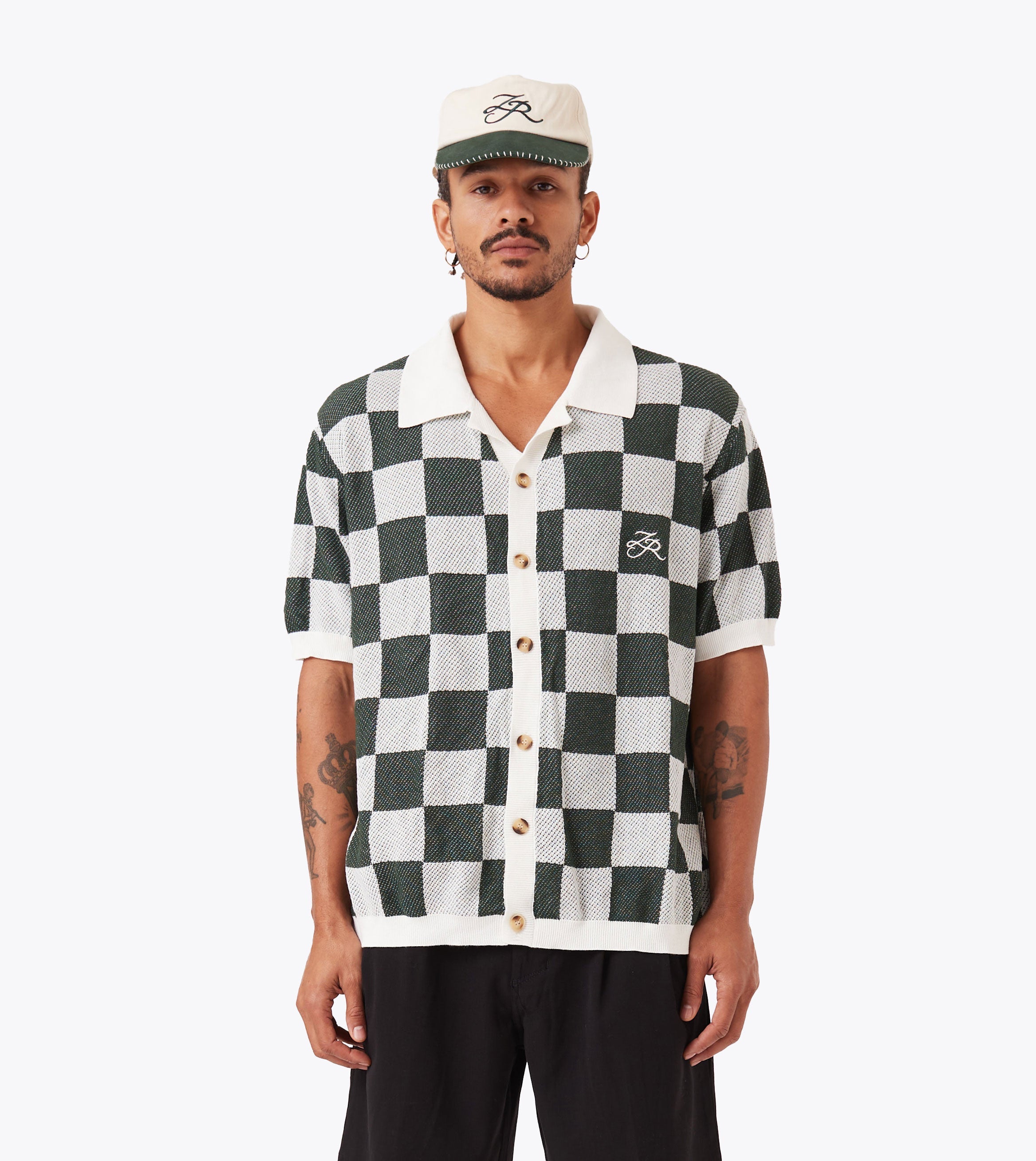 Checker Knit Shirt Vintage White/Forest