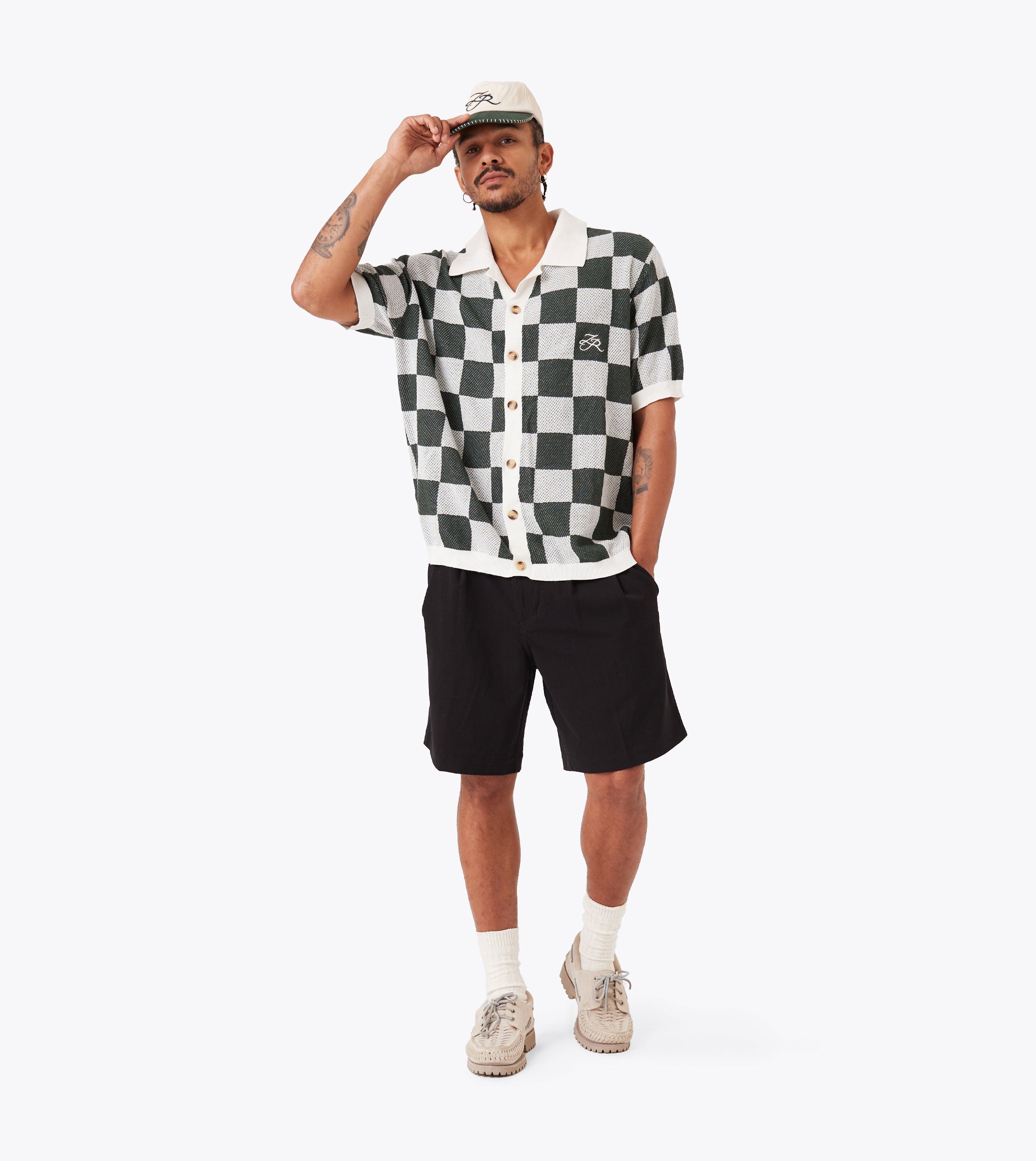 Checker Knit Shirt Vintage White/Forest