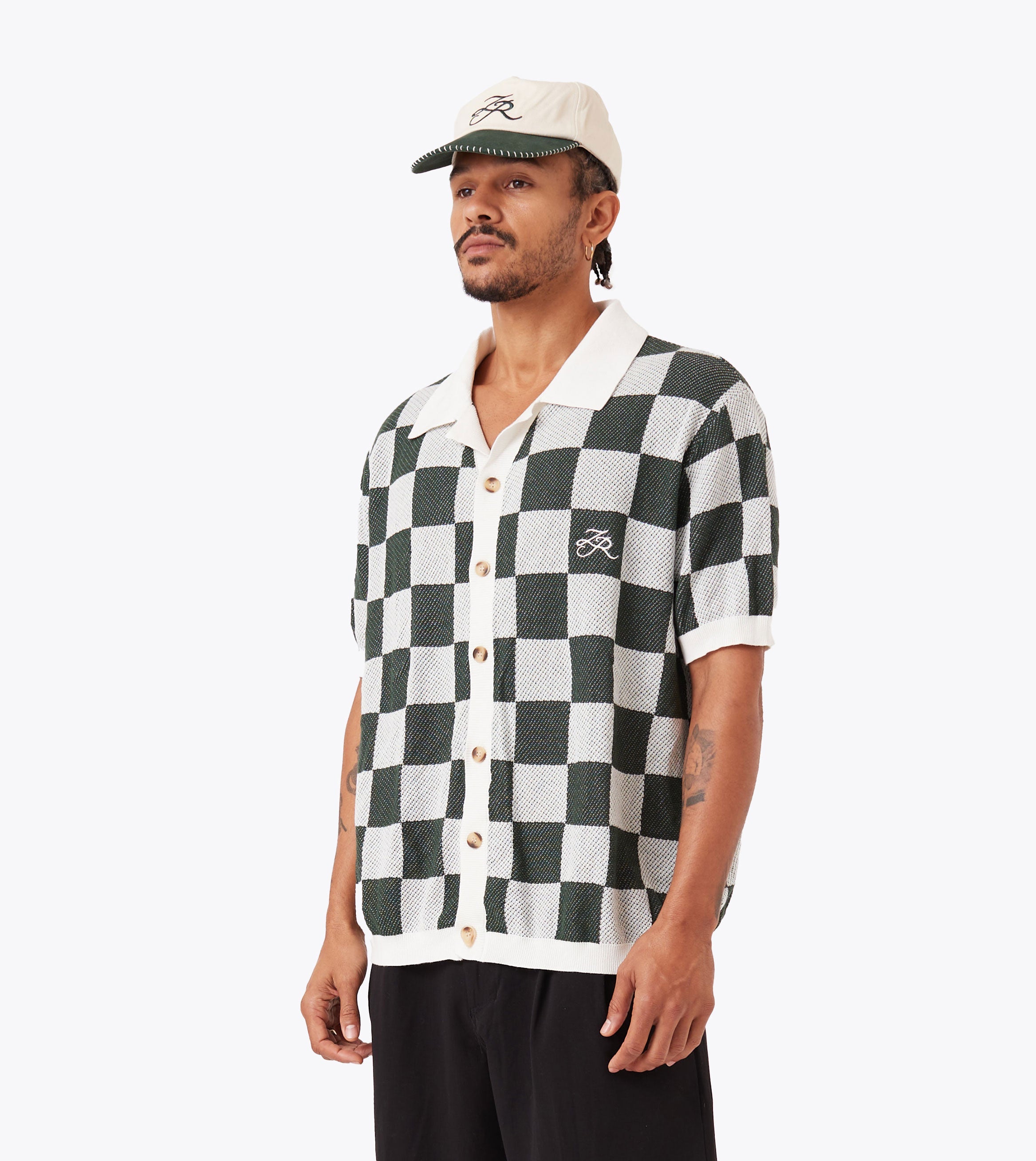 Checker Knit Shirt Vintage White/Forest
