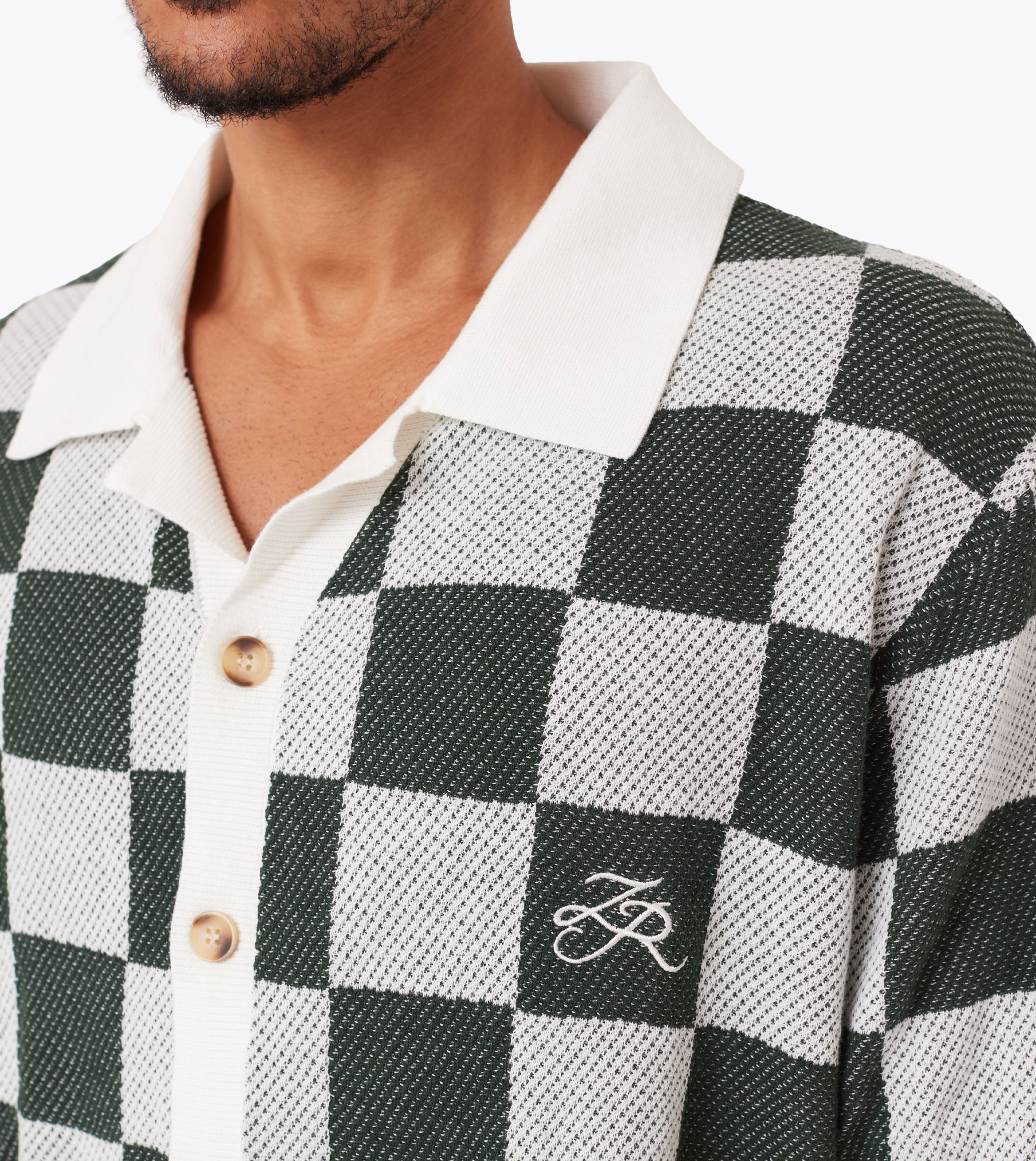 Checker Knit Shirt Vintage White/Forest
