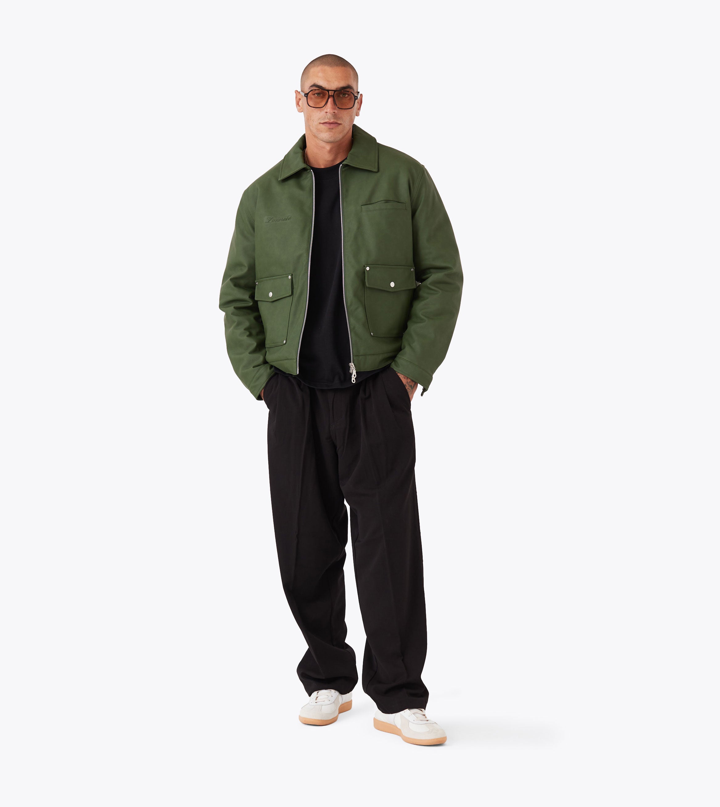 Faux Leather Aviator Jacket Forest