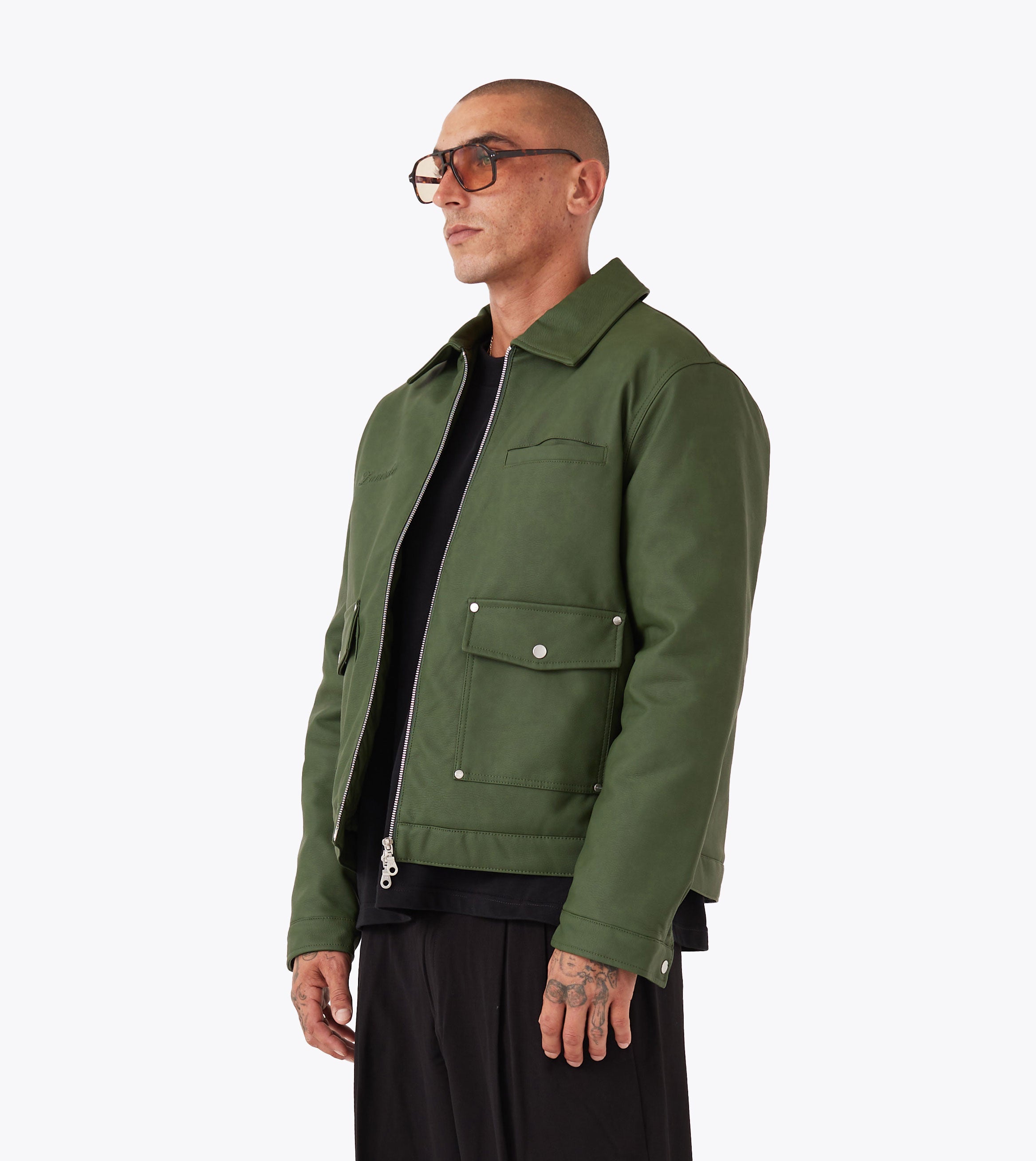 Faux Leather Aviator Jacket Forest