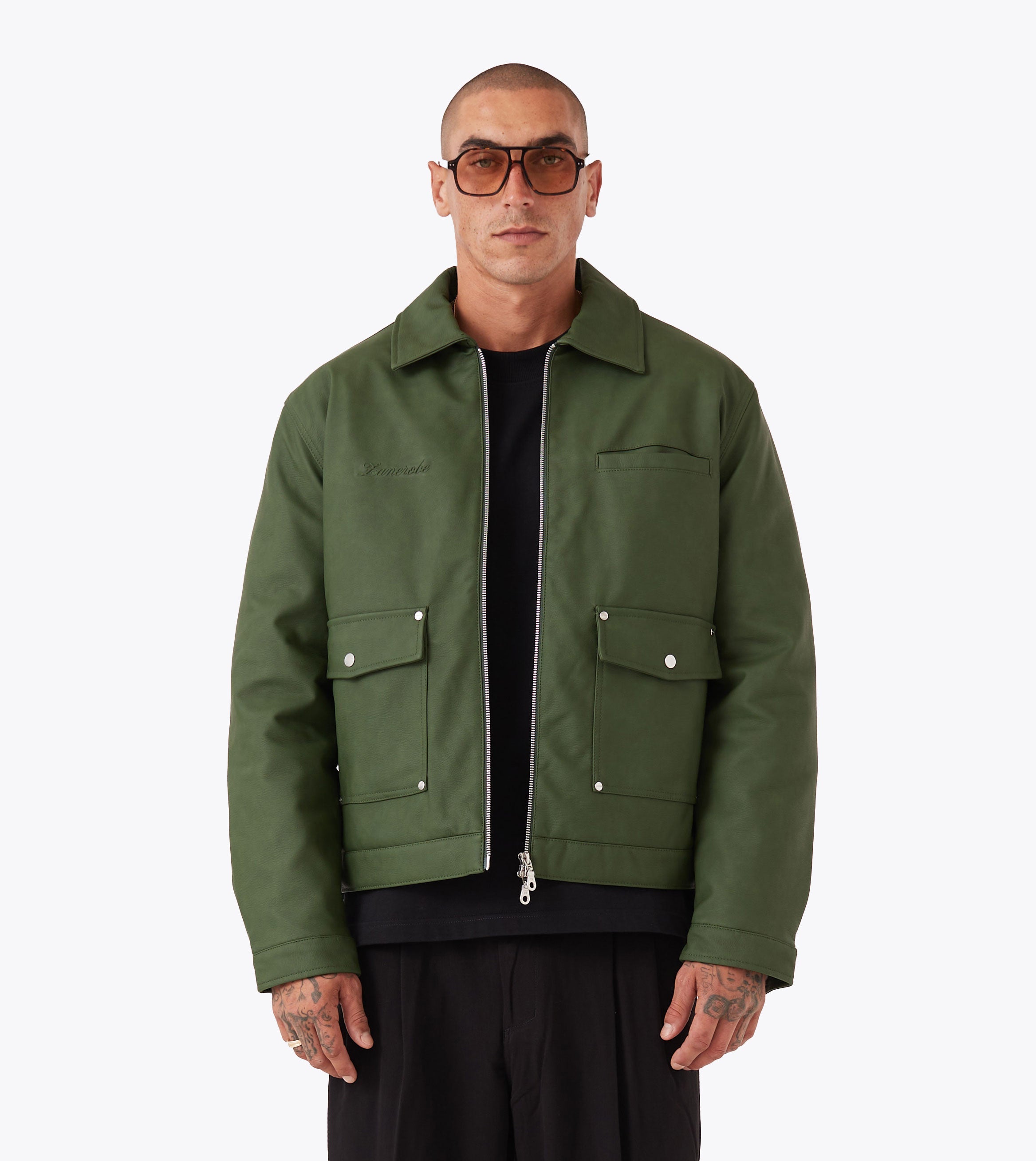 Faux Leather Aviator Jacket Forest