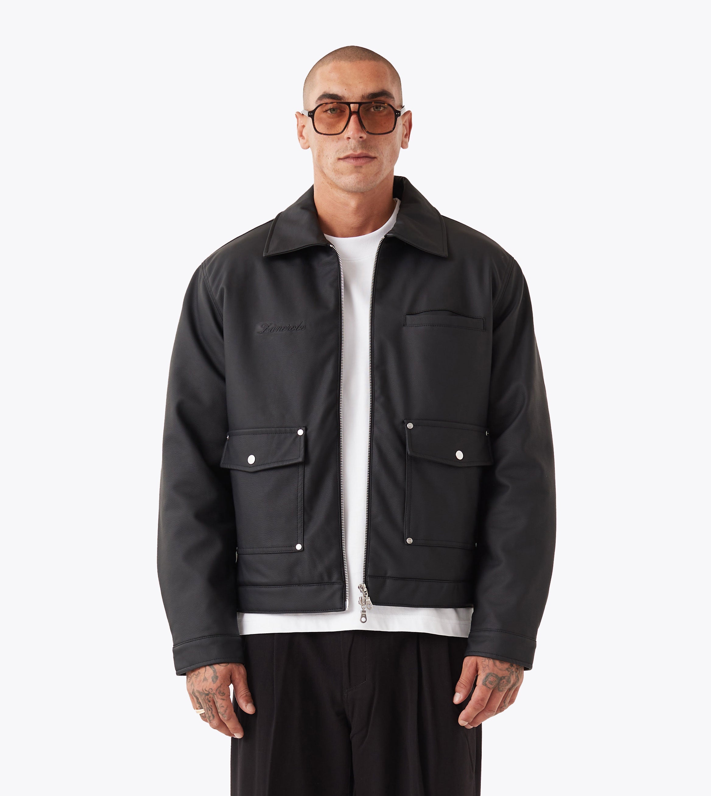 Faux Leather Aviator Jacket Black