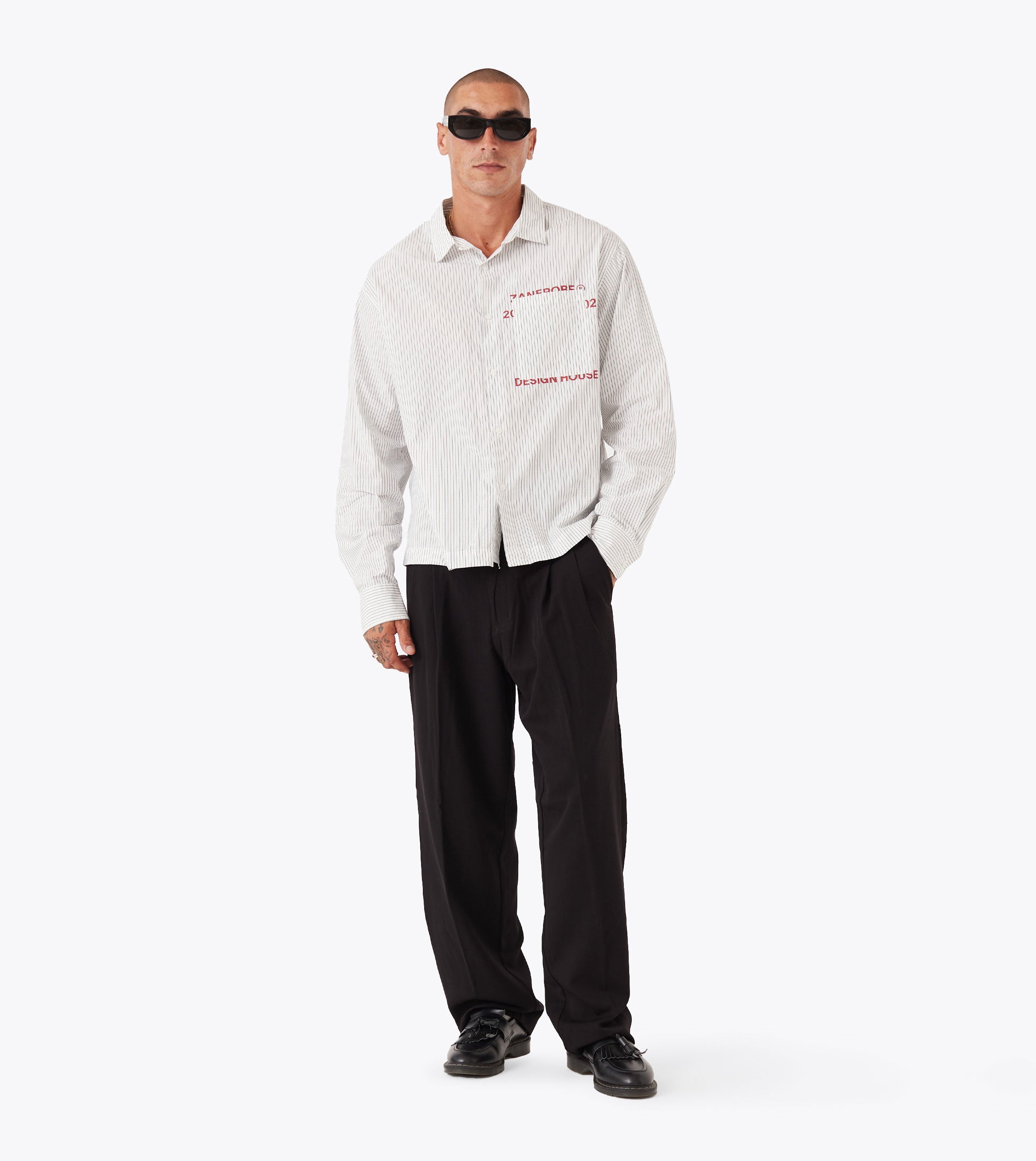 Overlap Crop LS Shirt White Pinstripe