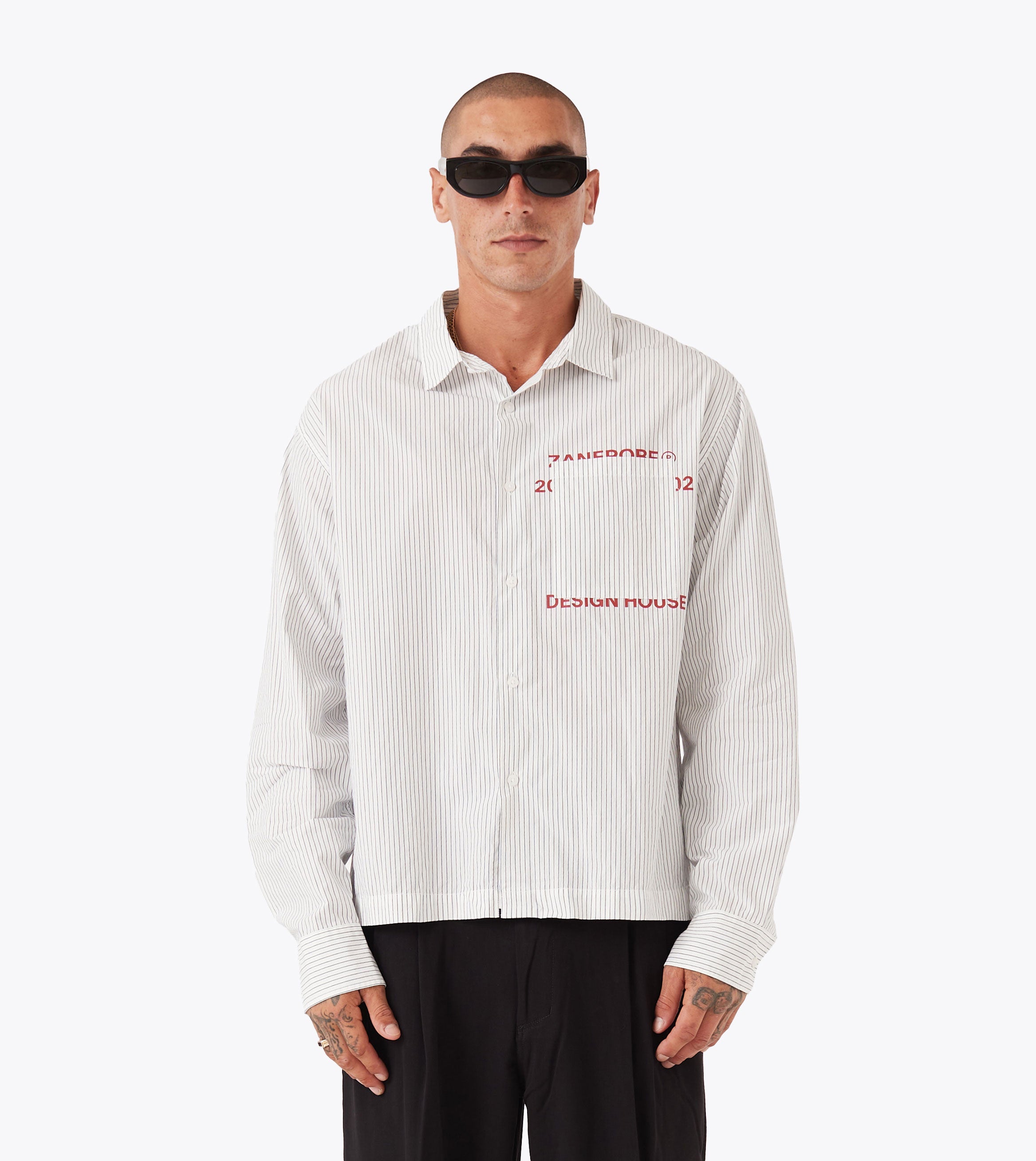 Overlap Crop LS Shirt White Pinstripe