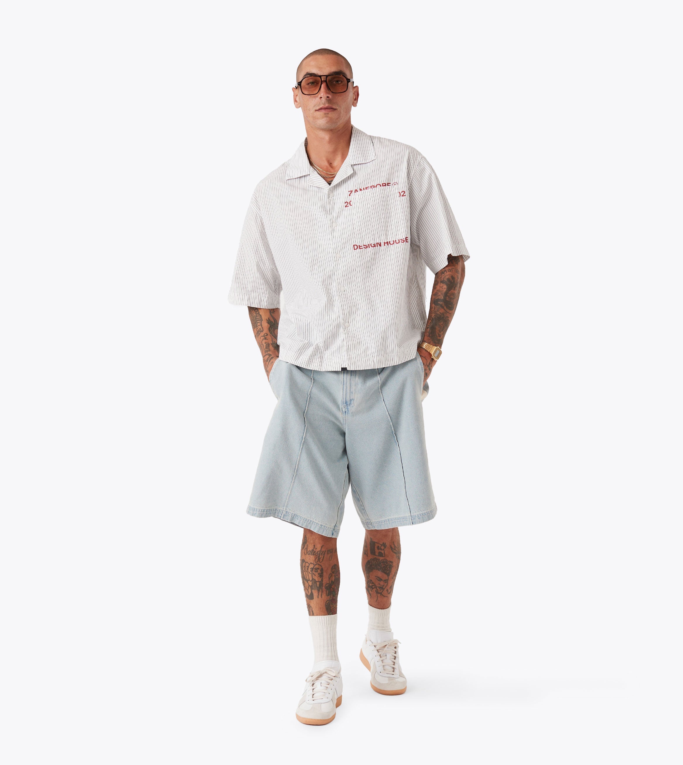 Overlap Crop SS Shirt White Pinstripe