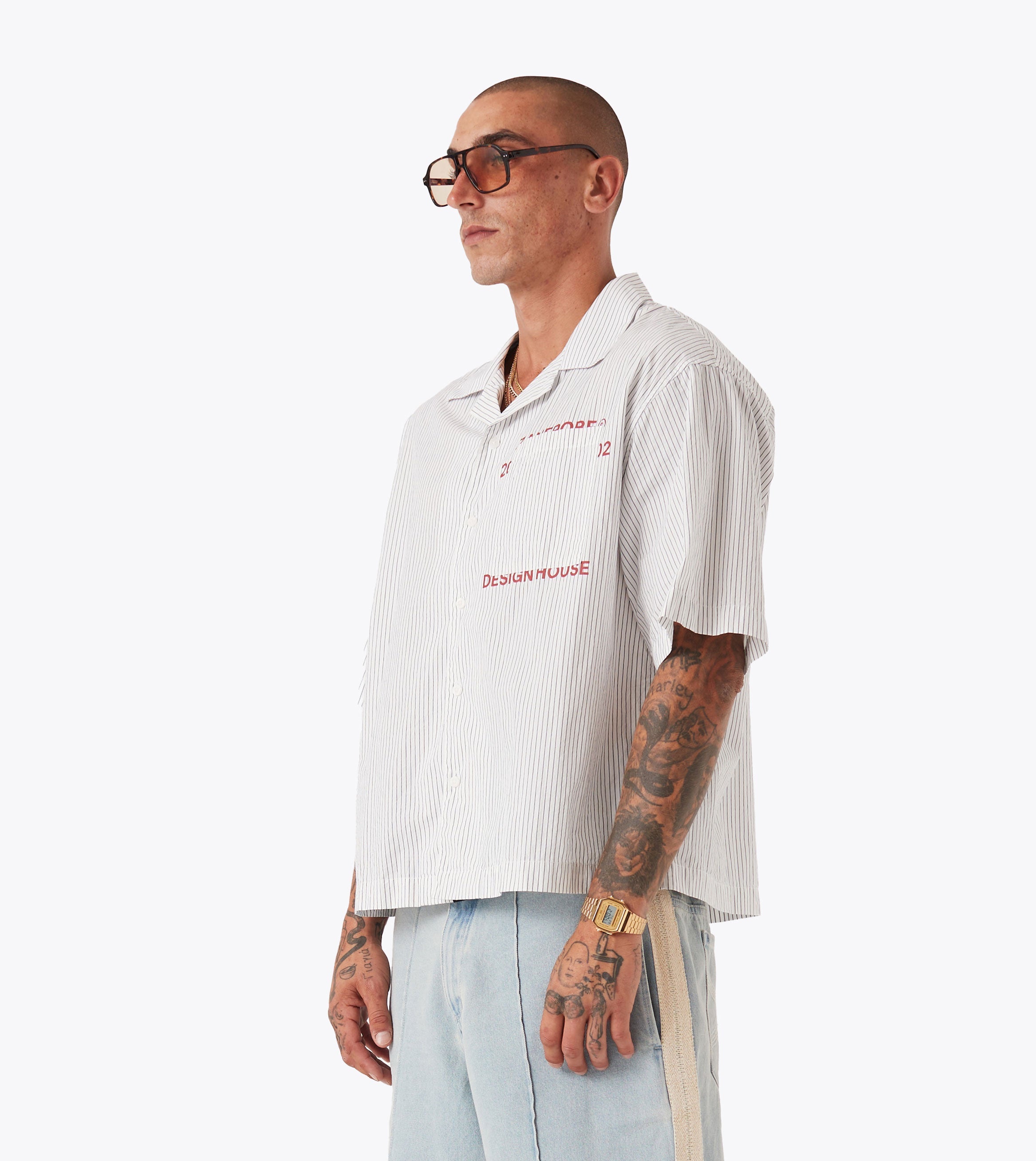 Overlap Crop SS Shirt White Pinstripe