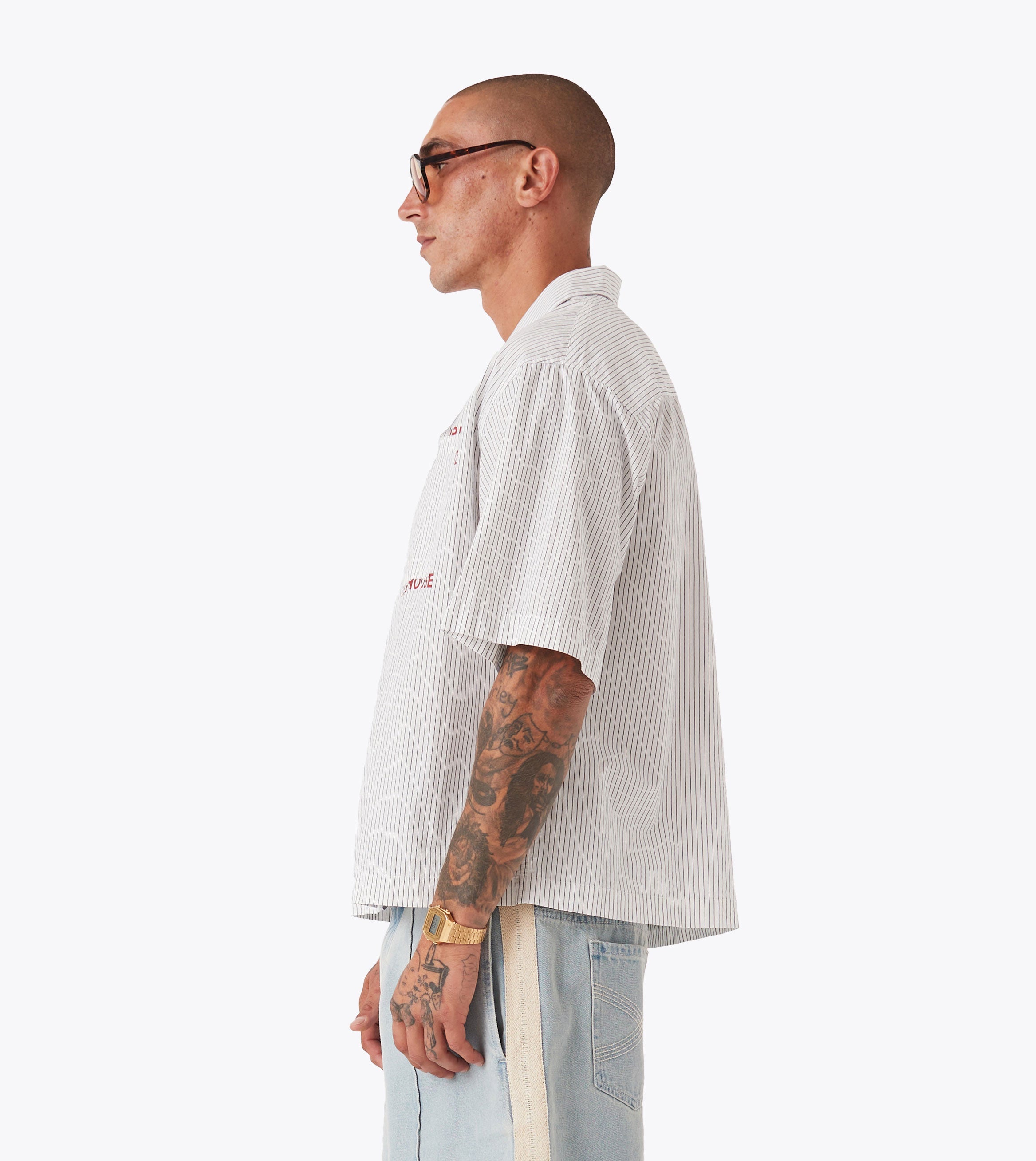 Overlap Crop SS Shirt White Pinstripe