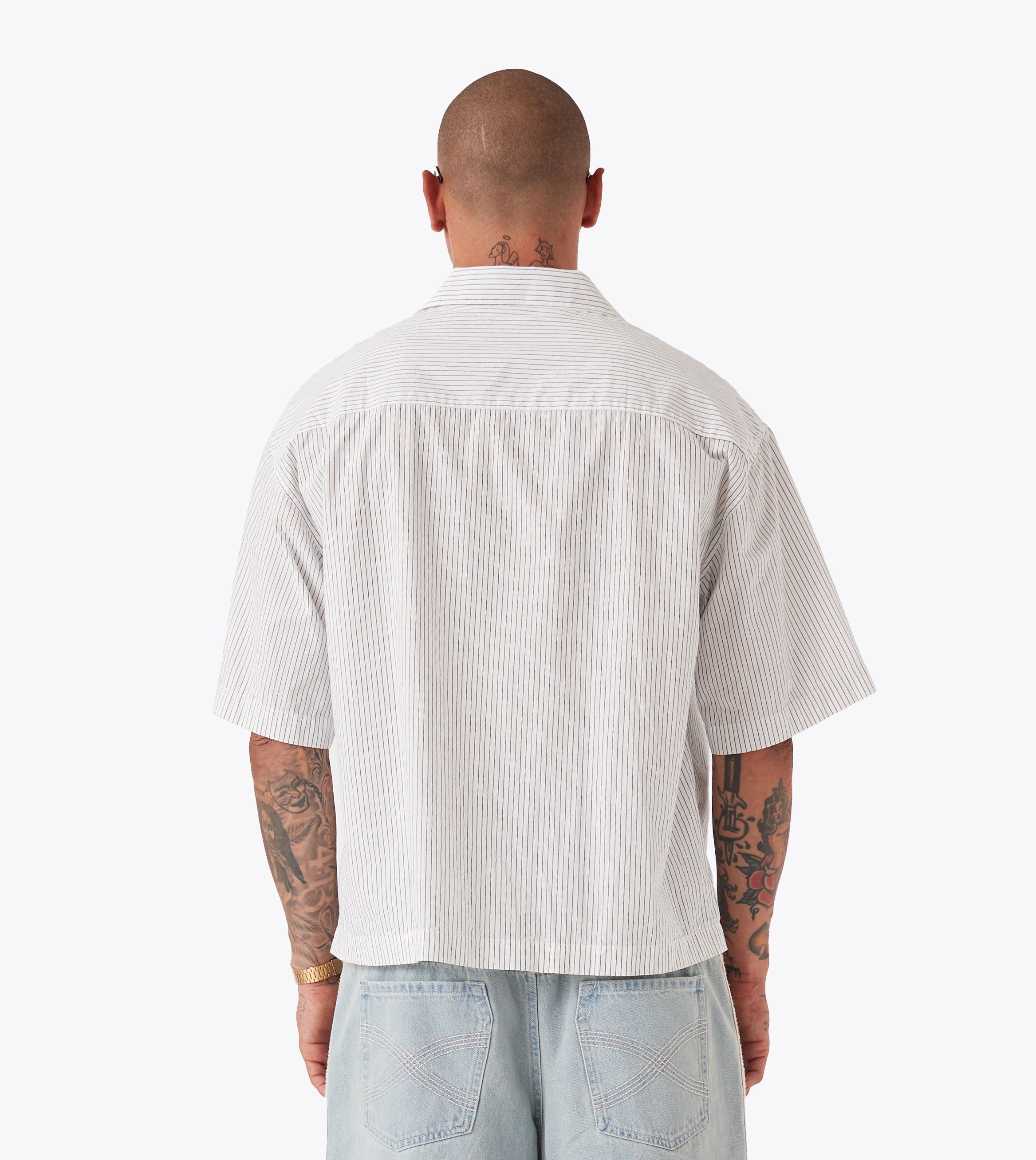Overlap Crop SS Shirt White Pinstripe
