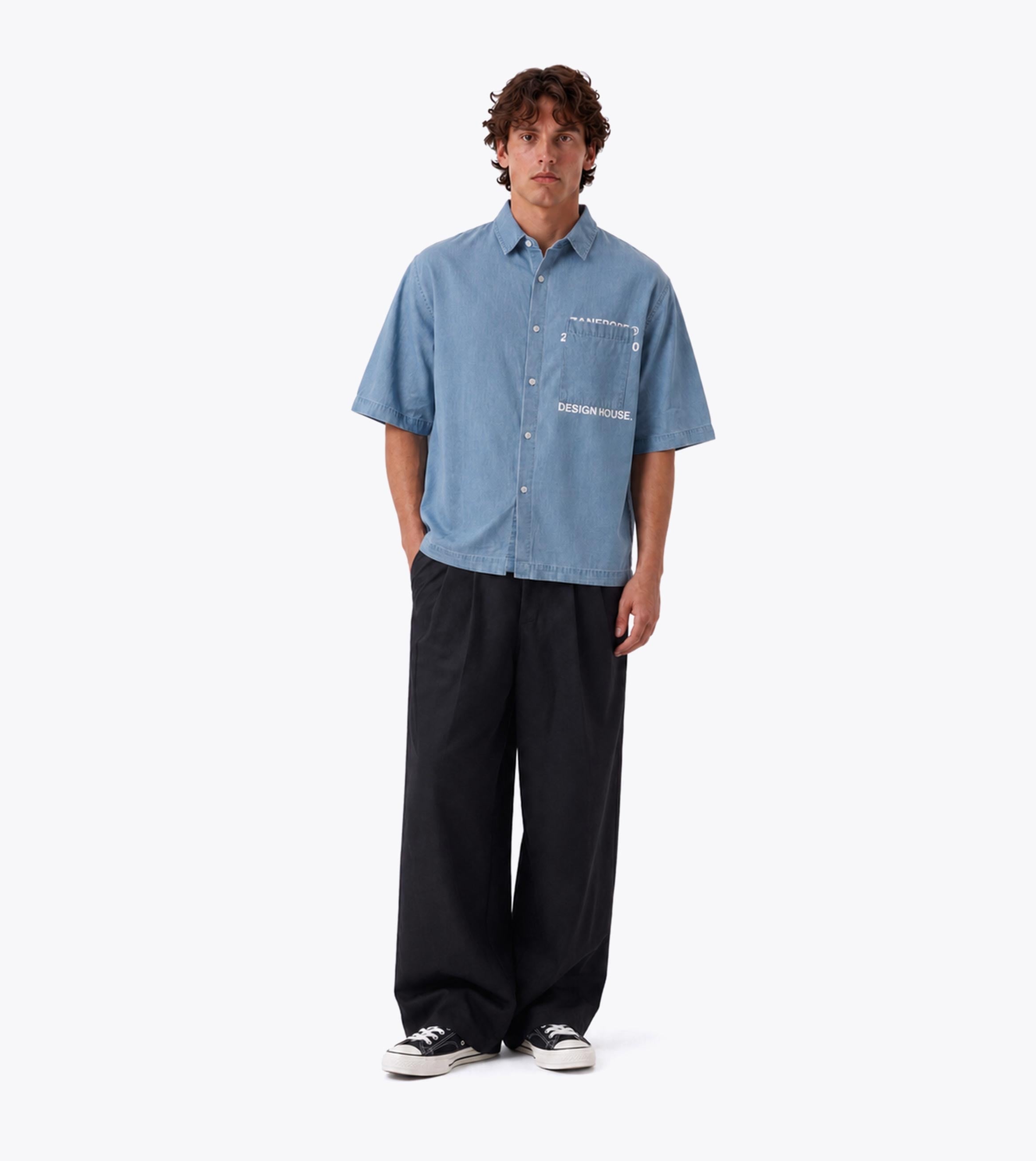 Overlap Denim Crop Shirt Mid Blue - Coming Soon