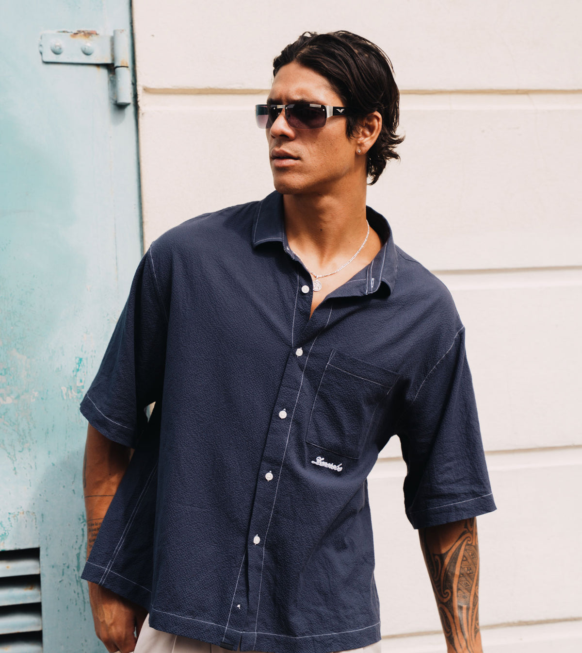 Seersucker Box Crop Shirt Navy