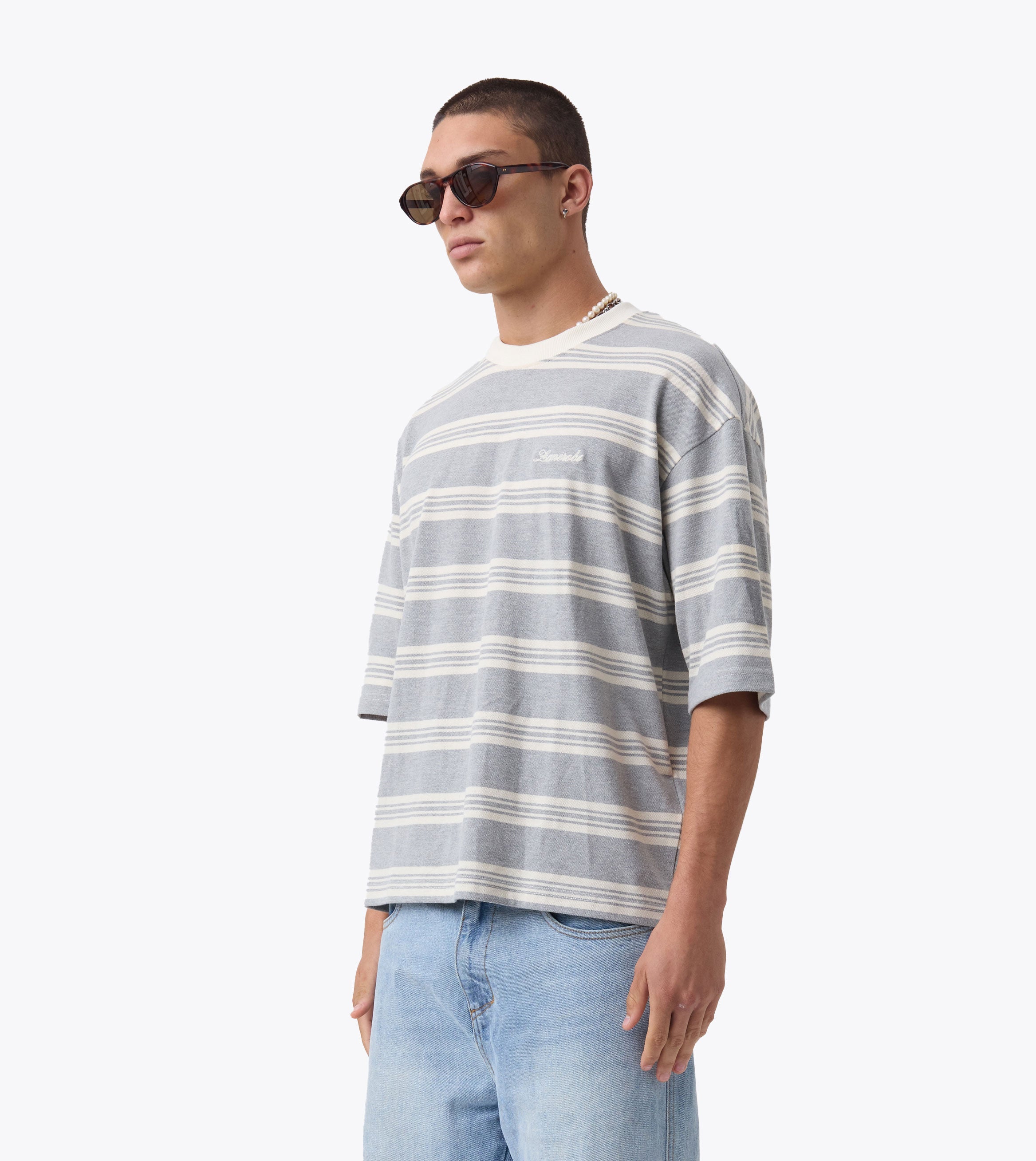 Stripe Flow Crop Tee Grey Marle/Vintage White