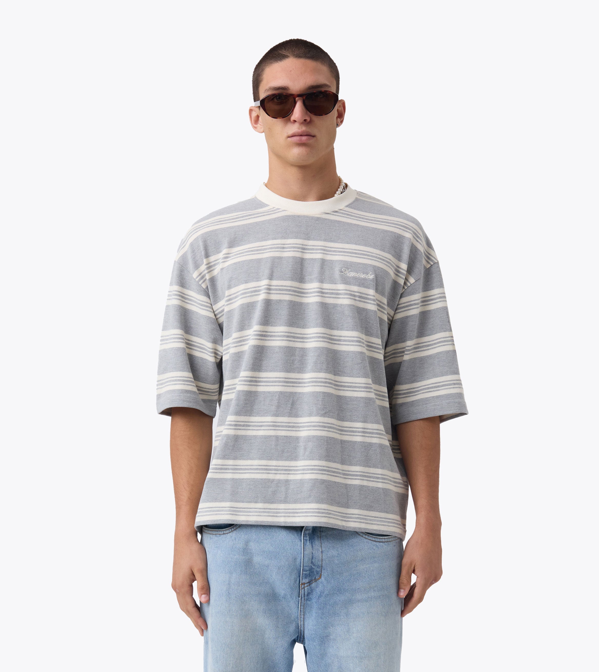 Stripe Flow Crop Tee Grey Marle/Vintage White