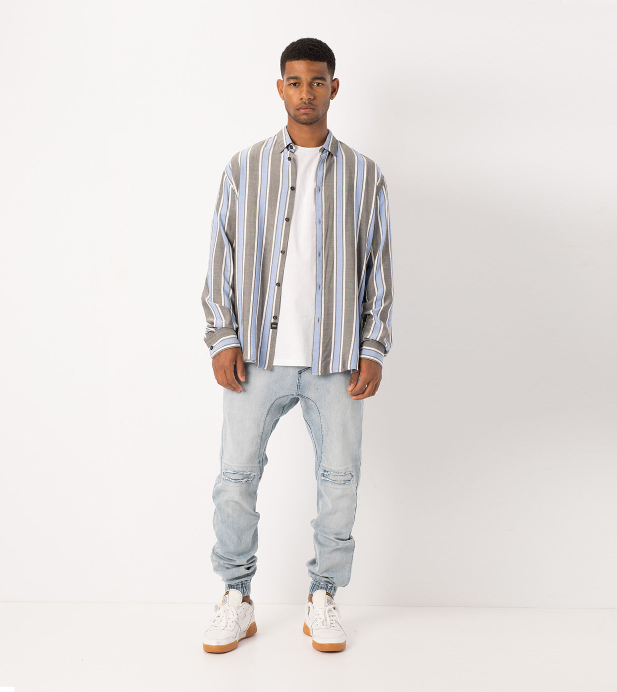 Stripe Rayon LS Shirt Black/Cobalt - Sale