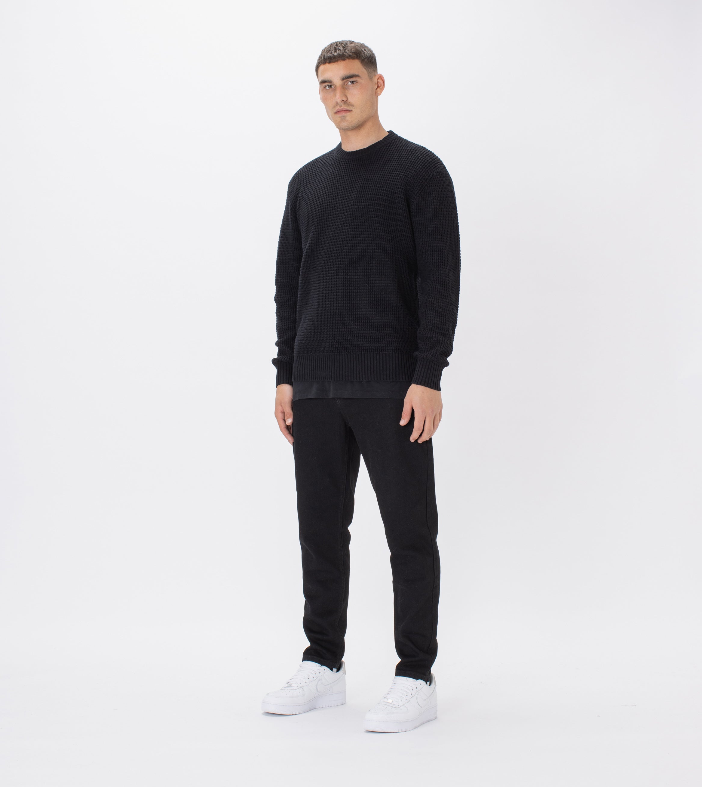 Waffle Crew Knit Black