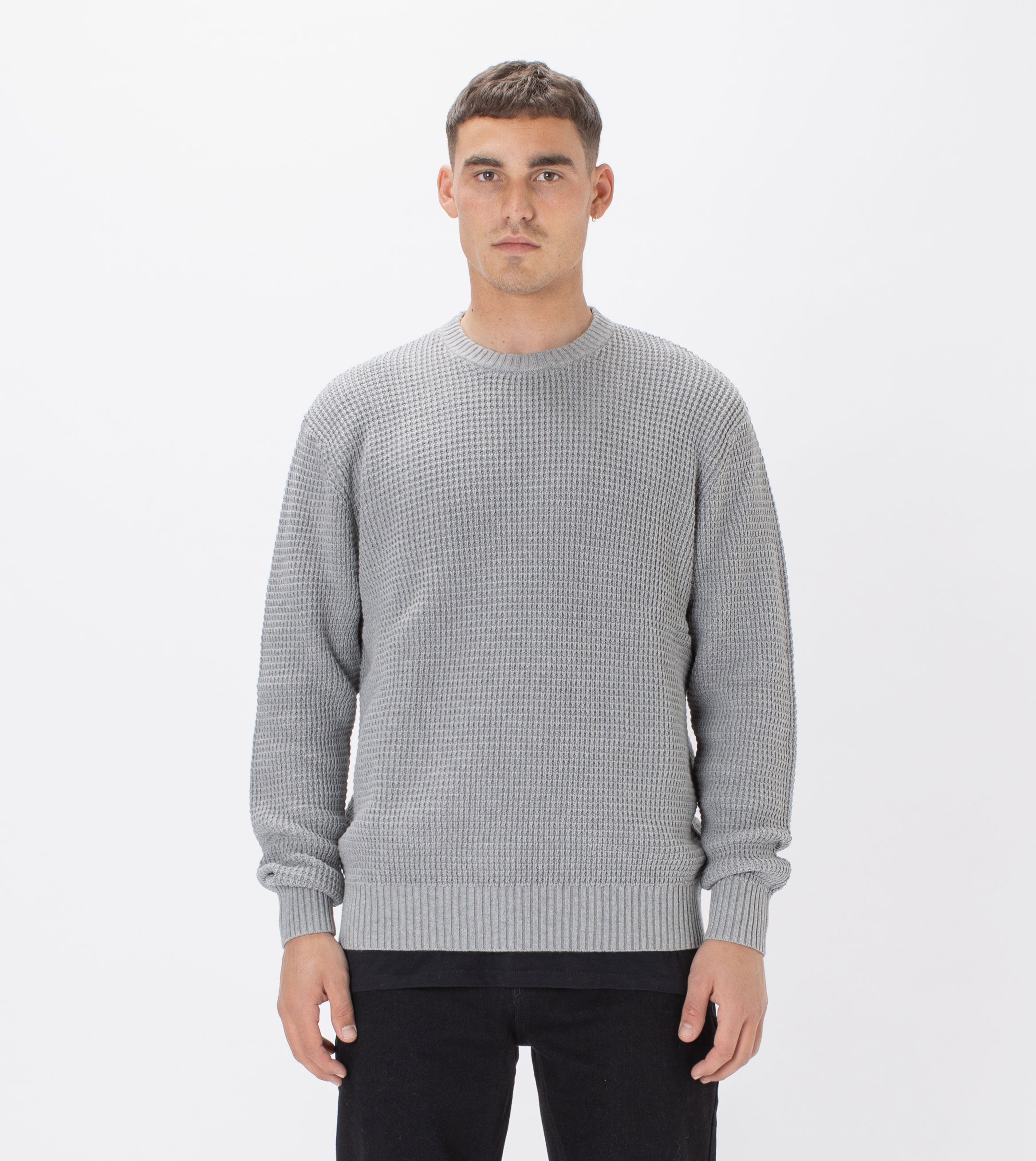 Waffle Crew Knit Dk Grey Marle