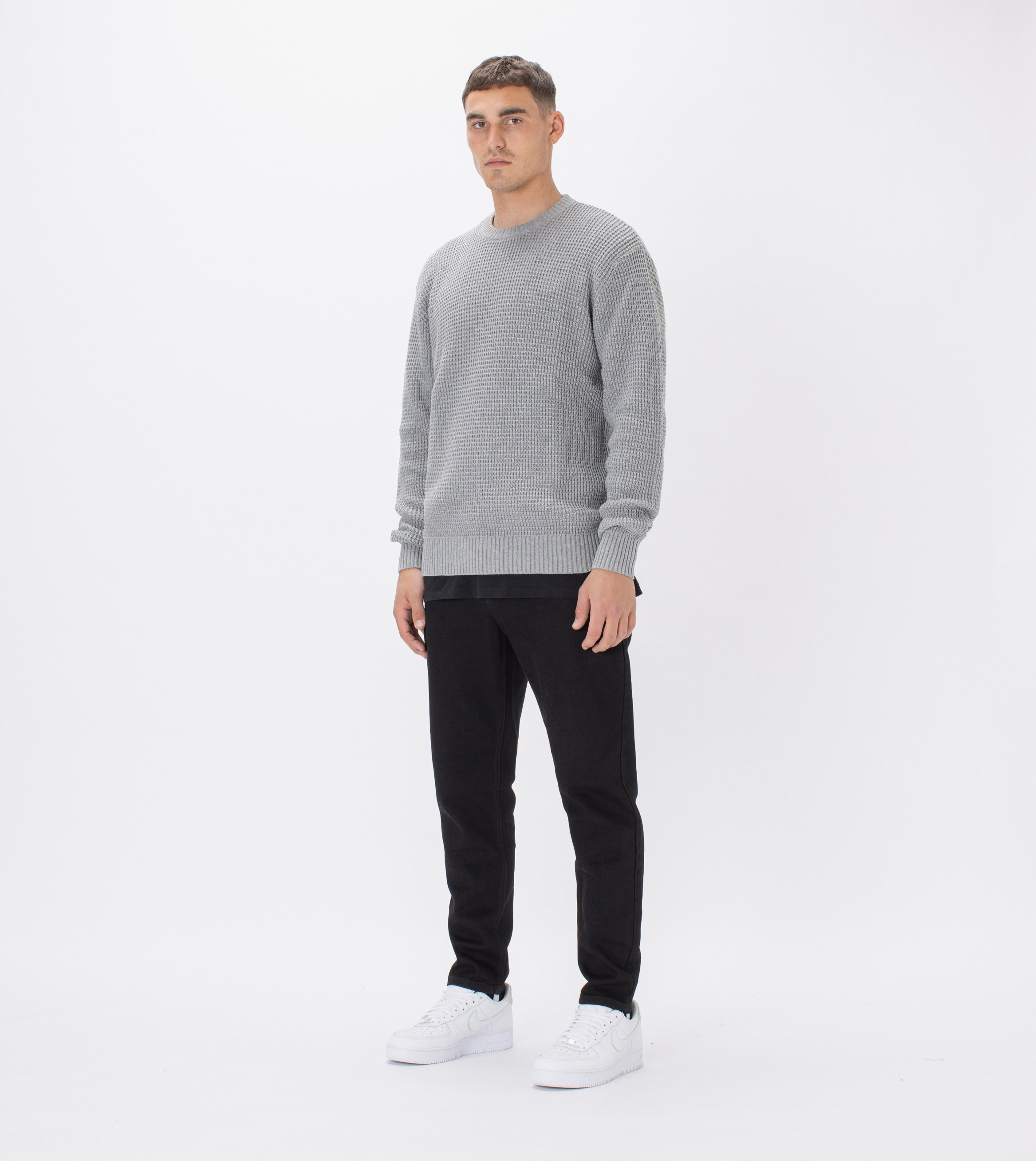 Waffle Crew Knit Dk Grey Marle