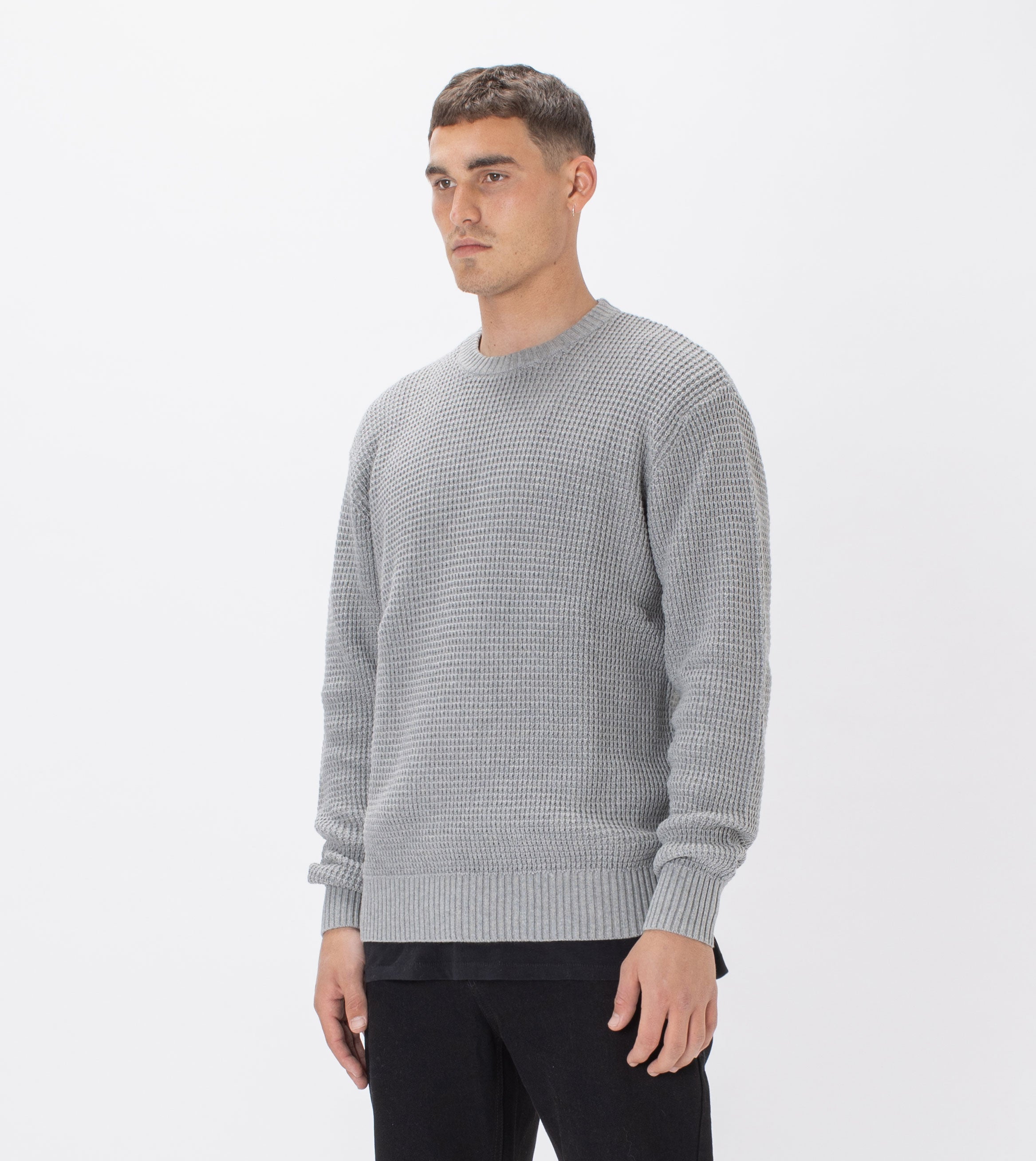 Waffle Crew Knit Dk Grey Marle