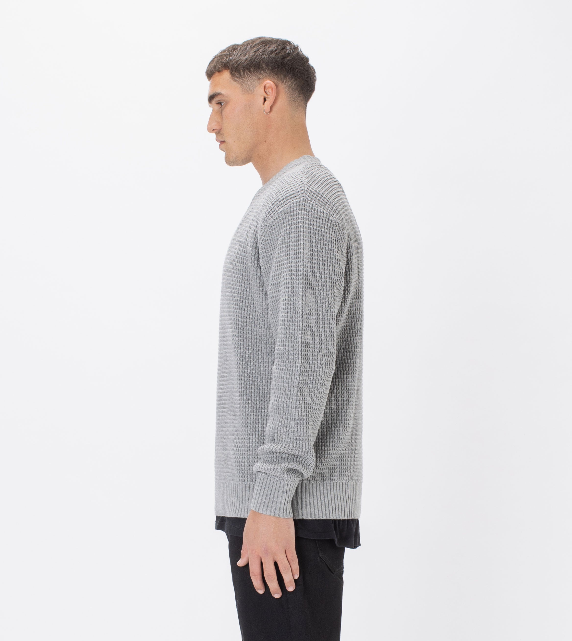 Waffle Crew Knit Dk Grey Marle
