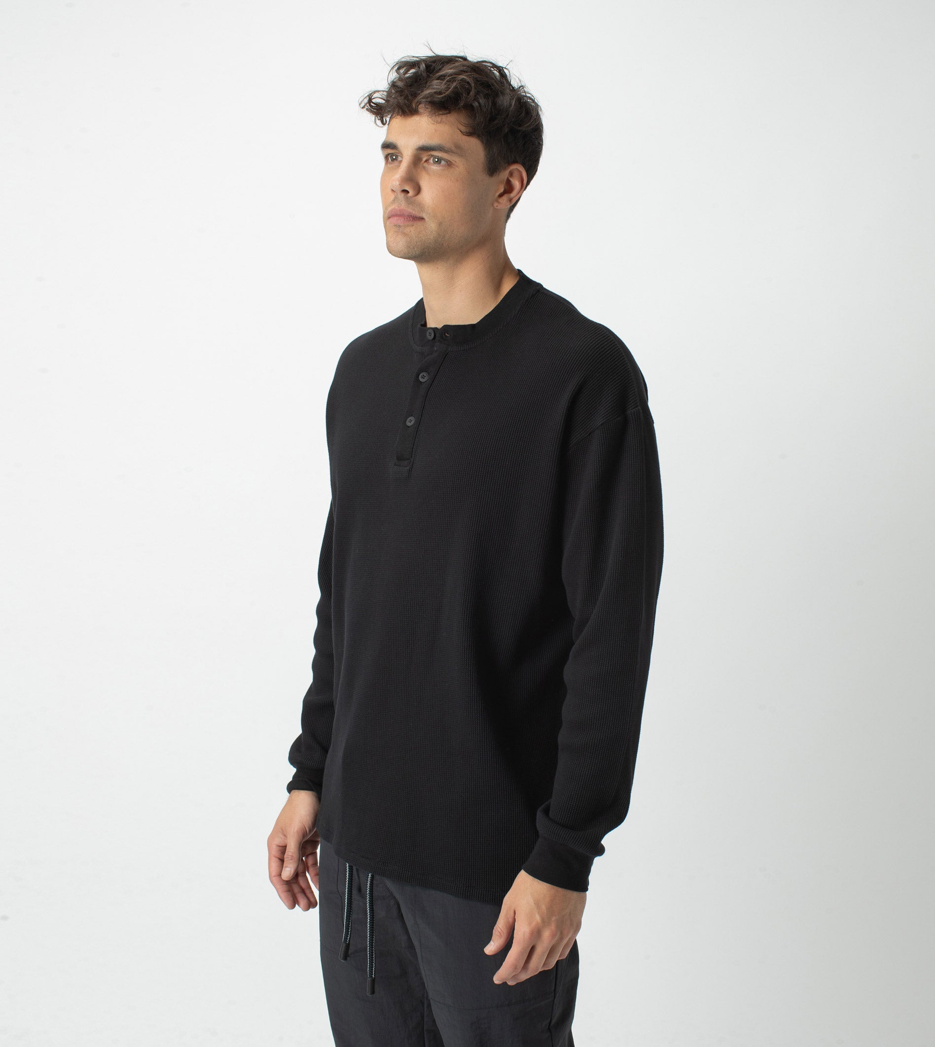 Waffle Henley LS Tee Black